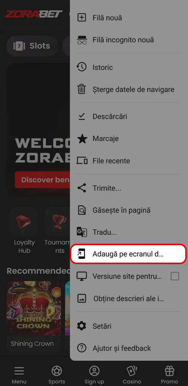 Creați o comandă rapidă pe telefon pentru aplicația ZeroBet.