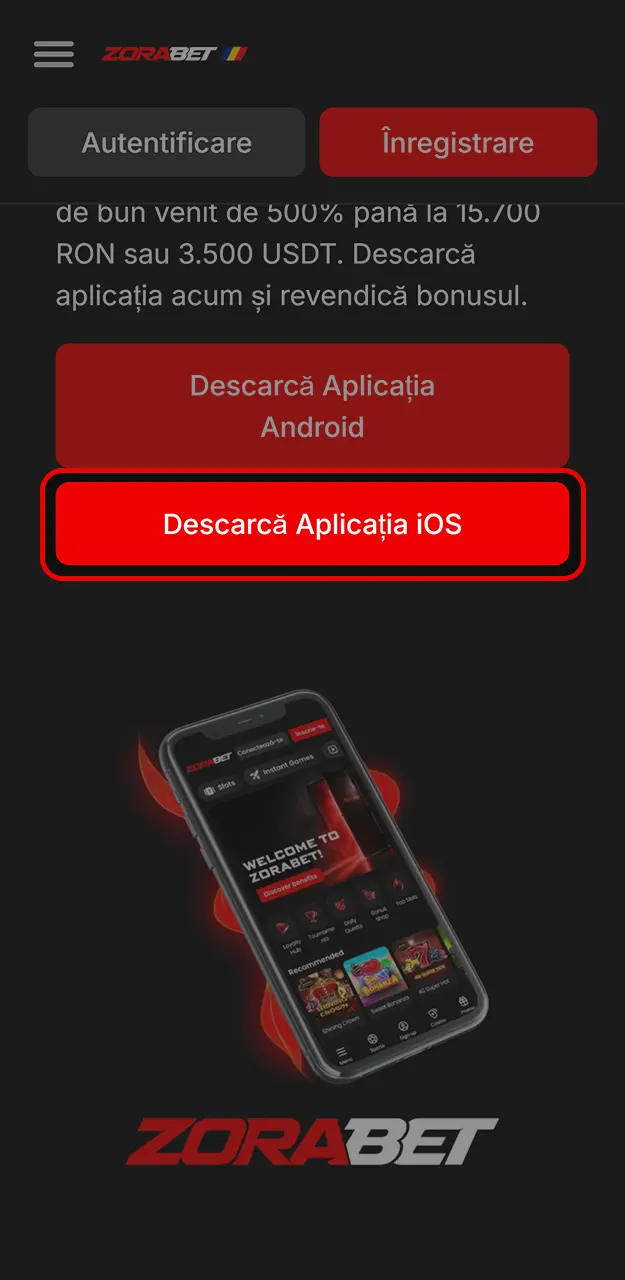 Începeți procesul de instalare a aplicației ZoraBet pentru iOS.