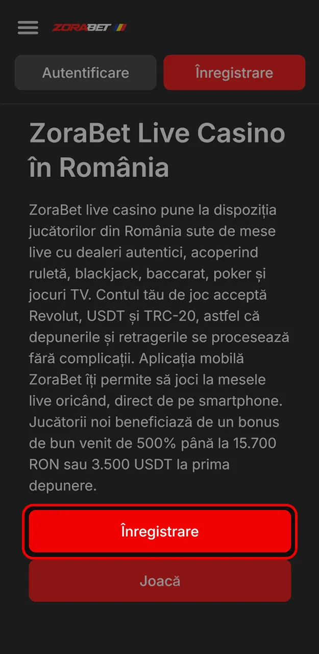 Completați formularul de înregistrare și creează un cont pe ZoraBet.