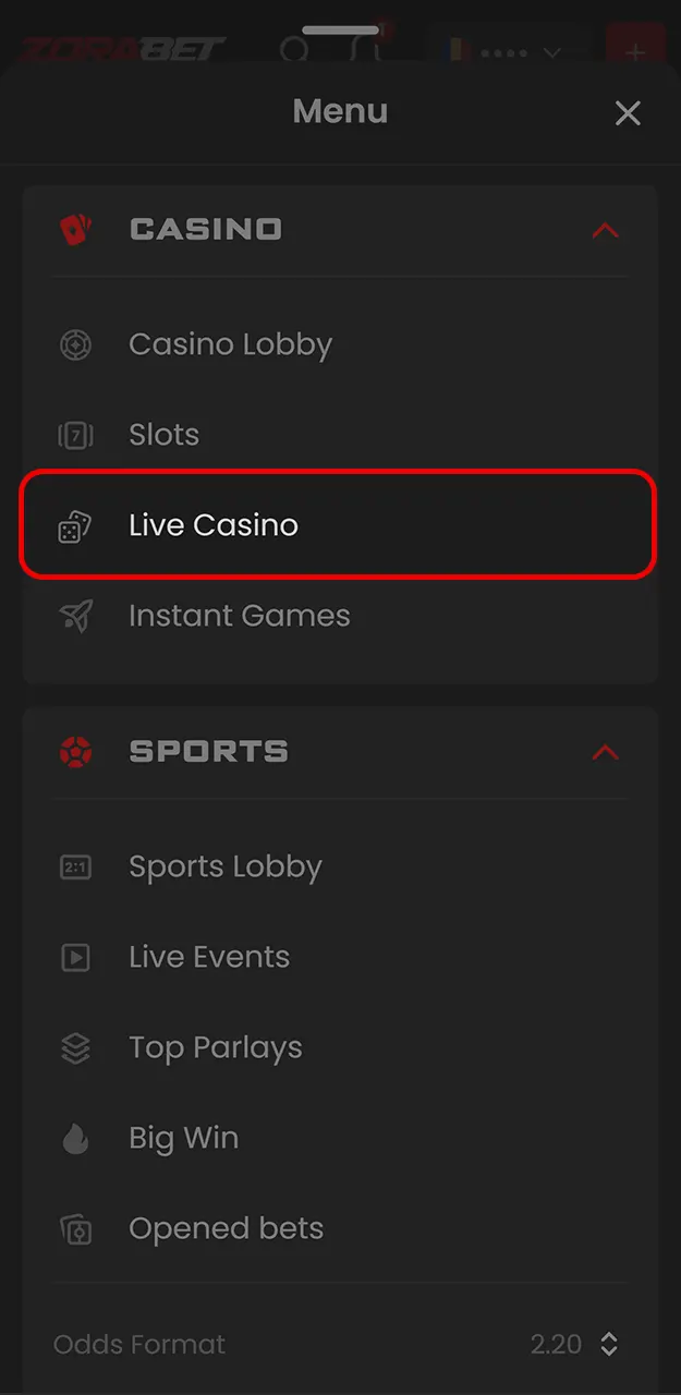 Deschideți lobby-ul principal și navighează în secțiunea live casino pe ZoraBet.
