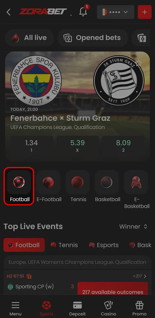 Deschideți meniul de sporturi și navighează la secțiunea fotbal pe ZoraBet.