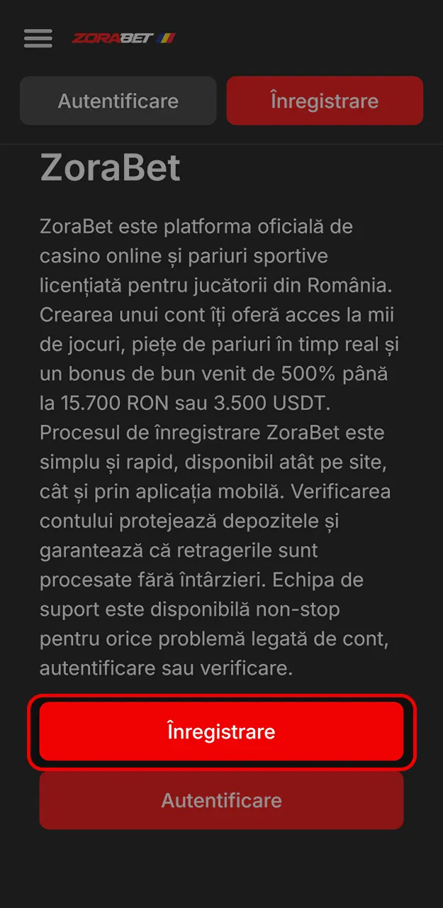 Accesați pagina de înregistrare de pe ZoraBet.