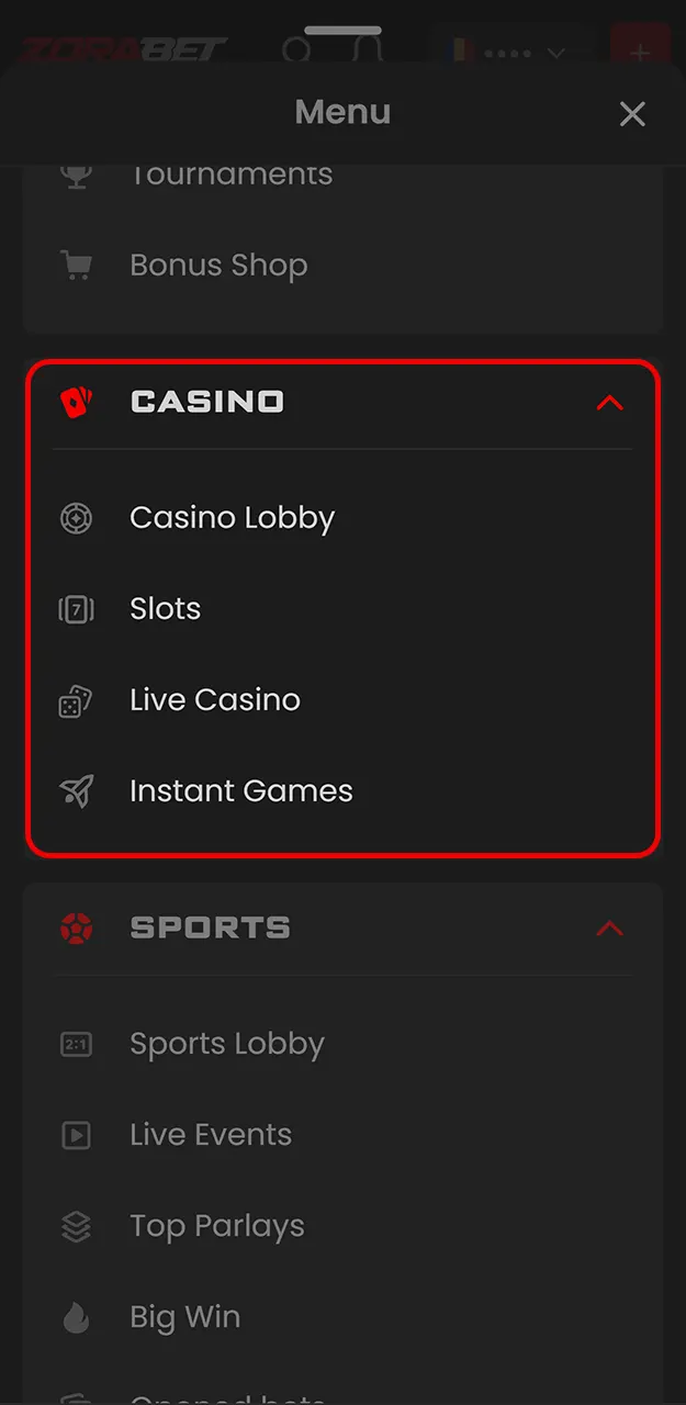 Deschideți lobby-ul principal și navighează la secțiunea casino pe ZoraBet.